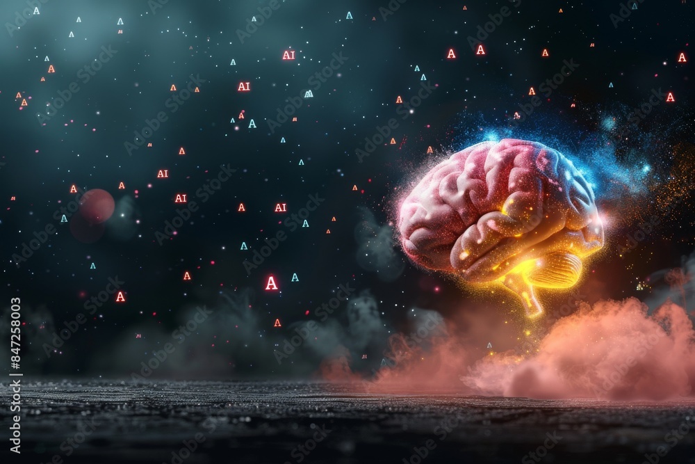 Poster creative ai concept with colorful digital brain and neon elements on dark background