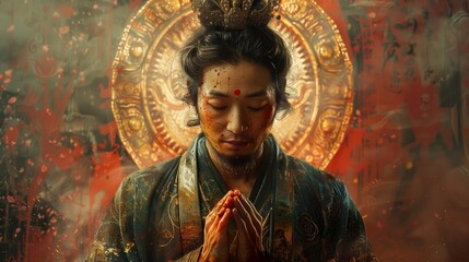 Fototapeta premium Tranquil Buddha Statue In A Chinese Temple Garden At Dusk
