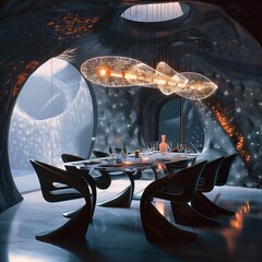 A futuristic dining room with a holo abstract 3D chandelier, sophisticated, innovative, vibrant, elegant, dynamic, large format, interior photography