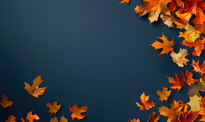 Autumn maple leaves border frame with space for  text on dark blue background. Good for thanksgiving, harvest, autumn concept.