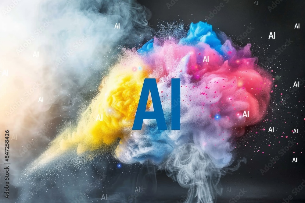 Poster ai and creativity concept with colorful digital data cloud on dark background