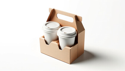 Two coffee cups in a cardboard carrier on a white background. Concept of takeaway coffee and convenience. Useful for coffee shops, cafes, and food delivery services. Contains copy space.