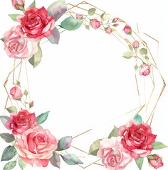 Hexagonal frame with pink and red roses in the style of watercolor 