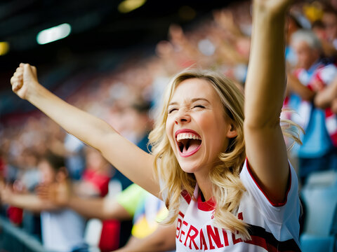 Mujer alemana en estadio de f&uacute;tbol festejando triunfo