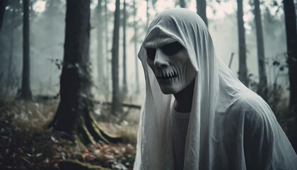 Man with make up covered with ghostly sheet in scary gloomy forest. Spooky ghost Halloween holiday.