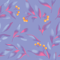 Seamless floral pattern, abstract flower print in bright retro motif. Artistic botanical design: hand drawn small berries, purple leaves, branches, large foliage. Vector illustration.