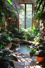 A serene indoor garden oasis filled with an array of exotic plants, creating a natural and peaceful green space