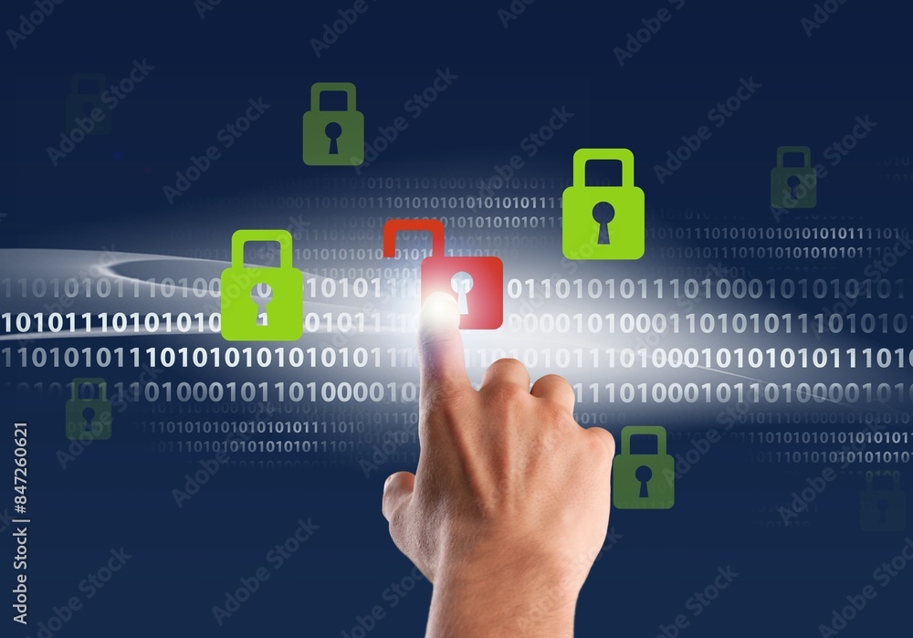 Aufkleber hacker attack alert with broken padlock , cybersecurity
