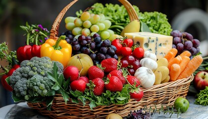 Basket of grilled vegetables, fresh fruits, and cheese, arranged artfully, healthy and colorful