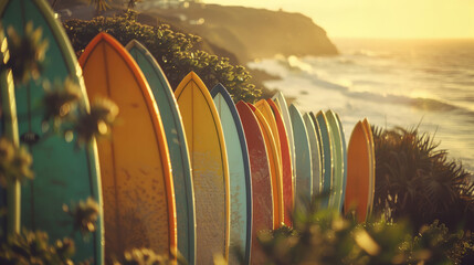 Colorful Surfboards Lined up along a Sunny Beachside Cliff