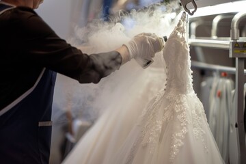 Expert Dry Cleaner Steaming Wedding Dress for a Flawlessly Pressed and Ready Bridal Gown