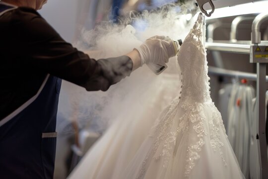 Expert Dry Cleaner Steaming Wedding Dress for a Flawlessly Pressed and Ready Bridal Gown