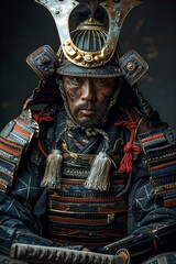Samurai in traditional armor, seated, dark background