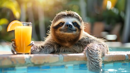 Sloth relaxing by pool with drink, sunny day, tropical setting, humorous