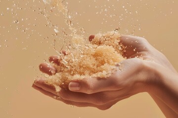 Fototapeta premium Hands Gently Massaging Apricot Seed Scrub for Deep Cleansing Exfoliation on Neutral Background