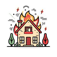 House fire, vibrant flames engulfing roof, emergency situation depicted. Cartoon style home ablaze, danger concept, safety alert symbolized. Colorful illustration conveying urgency, fire disaster