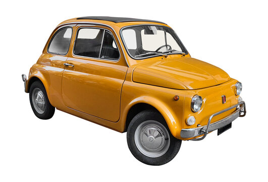 vintage cars fiat 500 orange isolated. Italy April 21, 2014