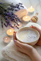 Obraz na płótnie Canvas Relaxing Home Spa Setup with Milk and Honey Soak, Soft Towels, Candles, and Lavender Flowers