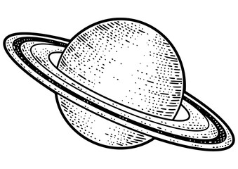 Saturn with rings planet in Solar system sketch engraving PNG illustration. T-shirt apparel print design. Scratch board imitation. Black and white hand drawn image. © Oleksandr Pokusai