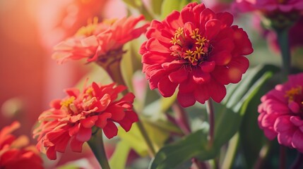 Close-Up of Vibrant Red Zinnia Flowers