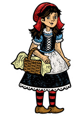 Little Red Riding Hood girl character color sketch engraving PNG illustration. T-shirt apparel print design. Scratch board imitation. Black and white hand drawn image.