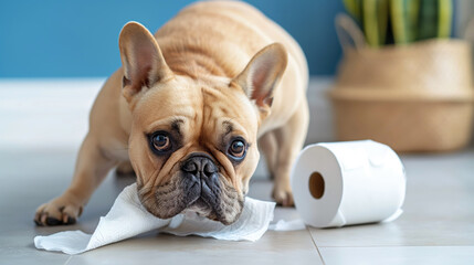 A mischievous French Bulldog is caught in the act of playing with a toilet paper roll, which it has pulled across the floor.