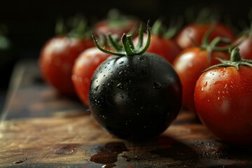 One fresh black tomato is standing out from a group of red tomatoes on a rustic wooden cutting board