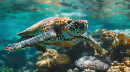 Obraz premium Majestic Sea Turtle Swimming Over Vibrant Coral Reef in Crystal Clear Ocean Waters