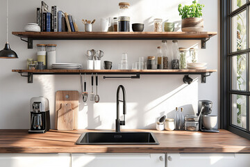 A kitchen with white cabinets and a wooden countertop, open shelves on the wall, a black sink in one of them, some books, a water bottle, a coffee pot and other cooking accessories on the countertop