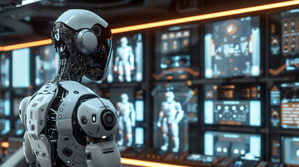 Fototapeta premium robot artificial intelligence successful business. AI robot working with graph chart hologram floating in front
