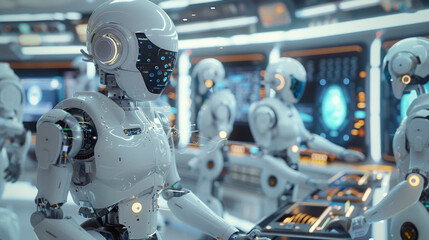 Fototapeta premium robot artificial intelligence successful business. AI robot working with graph chart hologram floating in front