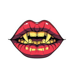 Red lips parted revealing gold teeth stylized drawing. Cartoon style image presents bold lipstick shiny golden teeth. Isolated white background focus mouth dental gold