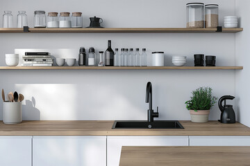 Fototapeta premium A kitchen with white cabinets and a wooden countertop, open shelves on the wall, a black sink in one of them, some books, a water bottle, a coffee pot and other cooking accessories on the countertop