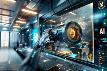 Fototapeta premium High Tech AI Research Laboratory with Advanced Robotics and Digital Interface