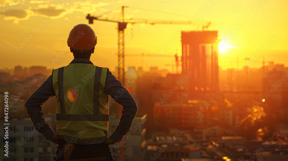 Poster silhouette of an engineer with hands on hips facing a construction site during a vibrant sunset