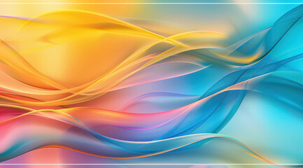 Fototapeta premium A bright abstract background featuring flowing waves of colour, blending from yellow to blue with hints of orange and purple, creating a dynamic and energetic visual effect.