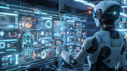 Fototapeta premium robot artificial intelligence successful business. AI robot working with graph chart hologram floating in front