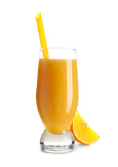 Glass of healthy orange juice on white background