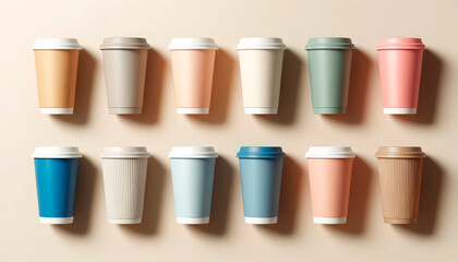 Mockup of colorful reusable coffee cups in various pastel shades arranged on a plain background. Concept of sustainable and stylish drinkware. Useful for coffee shops, eco-friendly brands, and design 