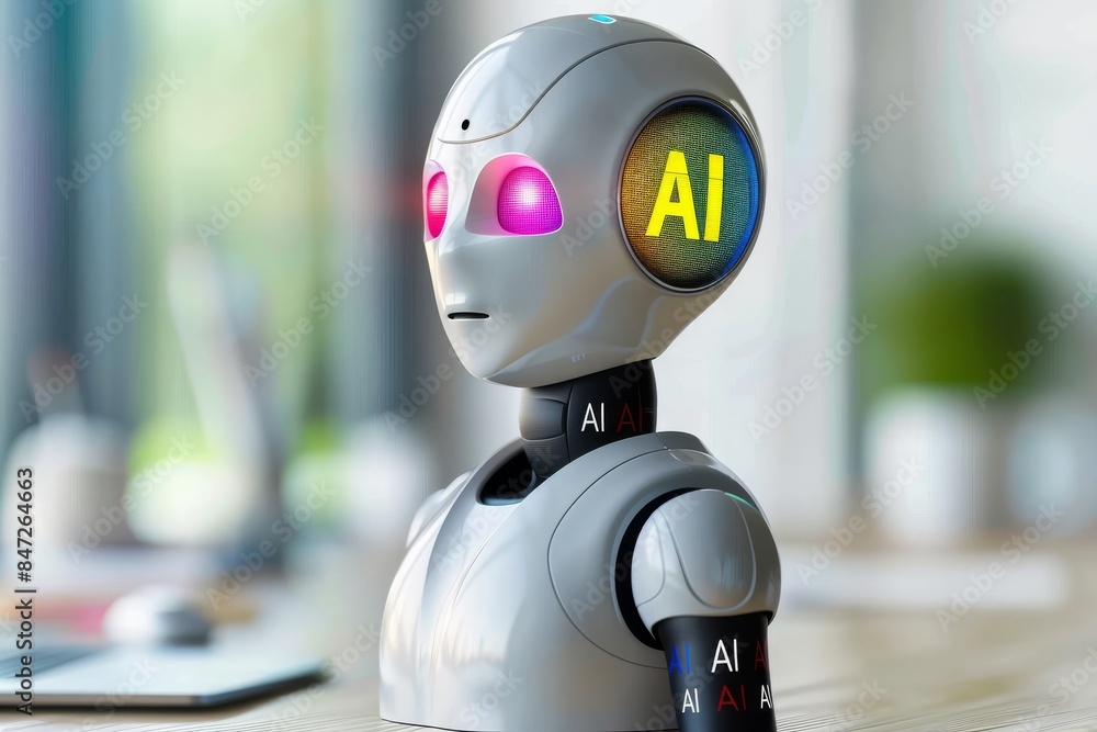 Poster Humanoid AI Robot with Digital Interface in Modern Home Setting