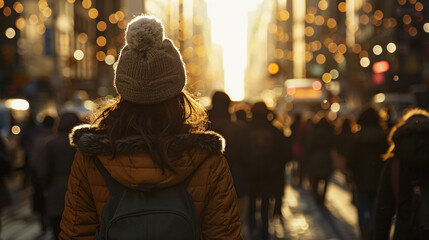 Person in a winter jacket and beanie strolls down a bustling city street at sunset