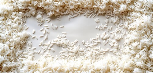 Scattered white rice grains forming a textured background on a light surface. Ideal for food photography, culinary themes, and ingredient visuals.
