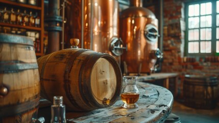 Traditional alcohol distillery concept with an old oak barrel containing bourbon whiskey Copper alambic and oak barrel in the backdrop