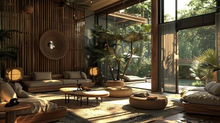 Fototapeta premium Bamboo Beach Villa Interior Reference. AI generated art illustration.