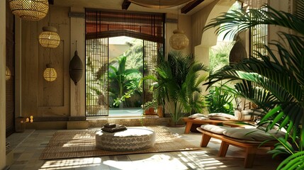 Fototapeta premium Bamboo Beach Villa Interior Reference. AI generated art illustration.