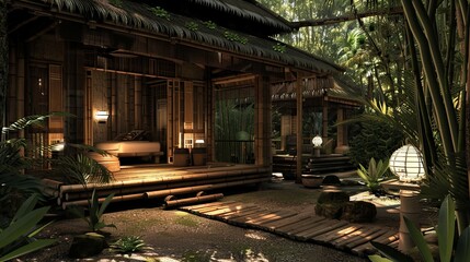 Obraz premium Bamboo Beach Villa Interior Reference. AI generated art illustration.