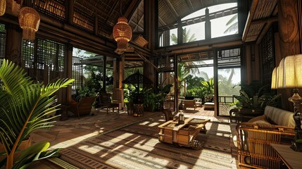 Fototapeta premium Bamboo Beach Villa Interior Reference. AI generated art illustration.