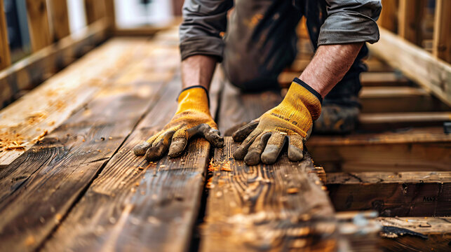 Carpenter wearing protective gloves aligning wooden planks in close-up shot - Powered by Adobe