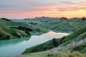 A serene landscape of rolling hills and a crystal-clear lake at dawn, with the sky painted in soft hues of pink and orange - Powered by Adobe