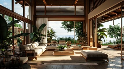 Fototapeta premium Bamboo Beach Villa Interior Reference. AI generated art illustration.
